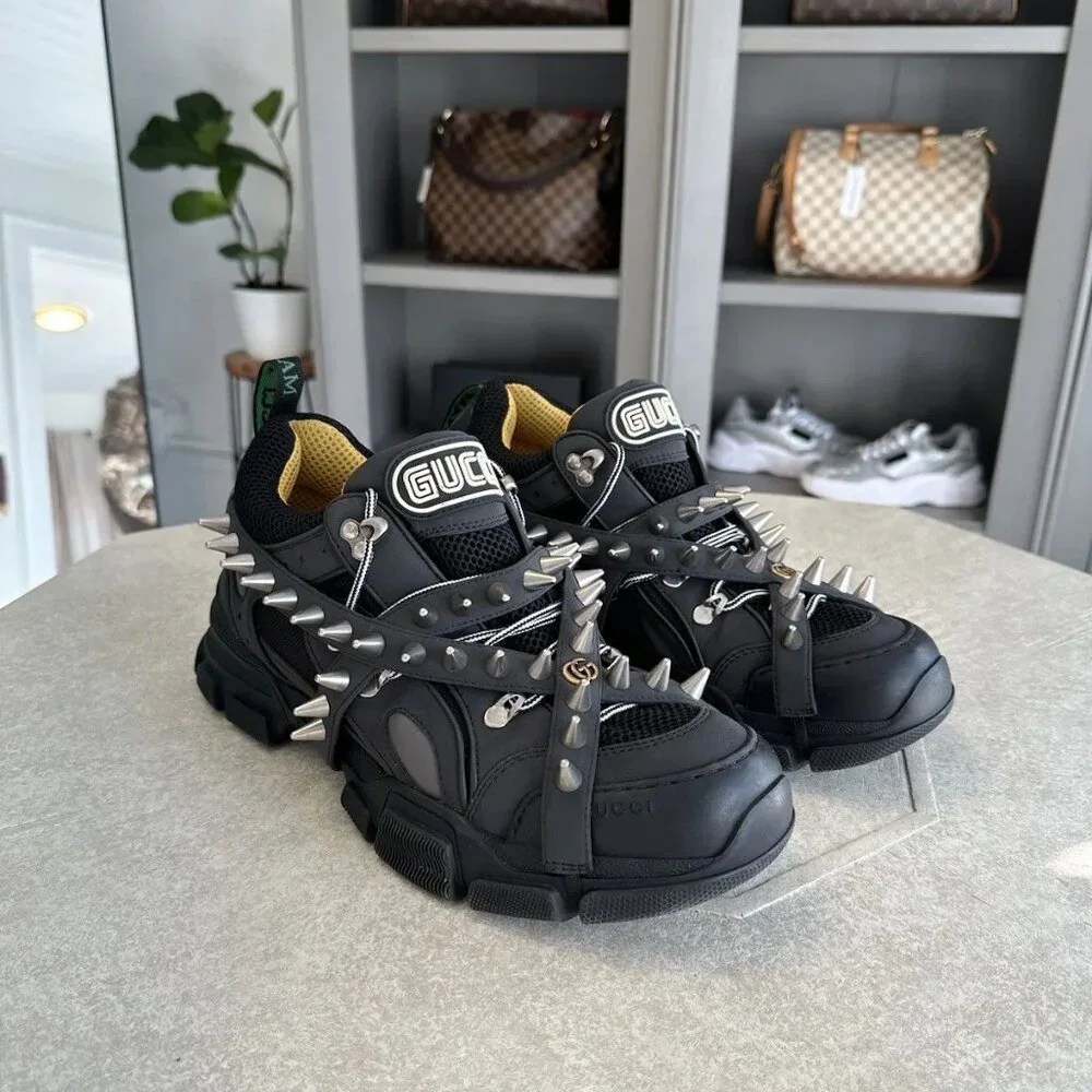 GUCCI Size 8.5 Black Flashtrek Spikes Canvas Leather Trim Sneakers